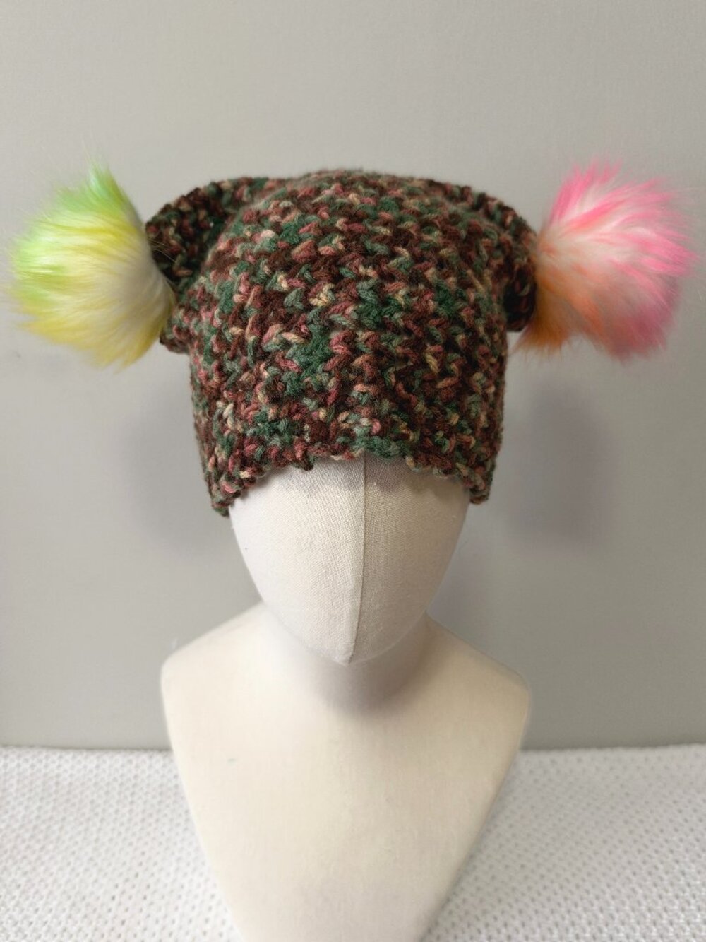 Handmade Crochet Brown Green Neon Pompoms Jester Hat